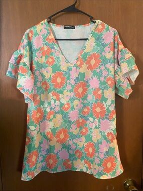 HEIMISH USA Mint Floral V-Neck Blouse with Coral and Pink Flowers
